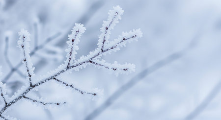 Delicate showing close up of delicate frost covered twigs and branches with soft blue and white hues. resolution use.の素材