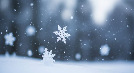 Macro view of intricate white snowflakes falling onto a soft, blurred white snow surface with bokeh effects in the background.の素材