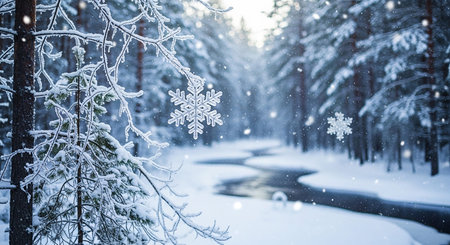 A close-up of a snowflake in a snowy forest with a winding stream, sunlit trees, and falling snow creating a winter wonderland.の素材