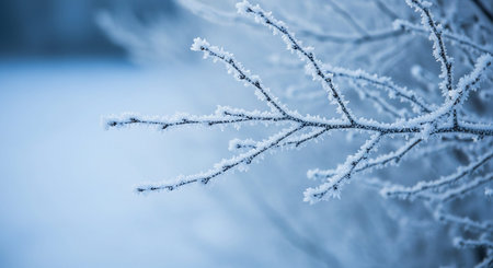 Thin tree branches are covered in delicate frost crystals, set against a softly blurred, cool-toned winter landscape.の素材