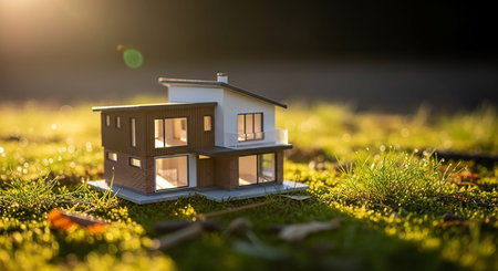Lawn showing small modern house model bathed in warm sunlight on a grassy lawn with bokeh effect. resolution use.の素材