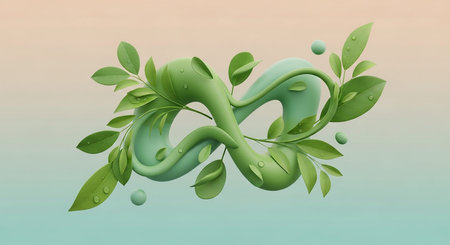 Green infinity symbol made of smooth organic shapes and surrounded by fresh green leaves on a gradient backgroundの素材
