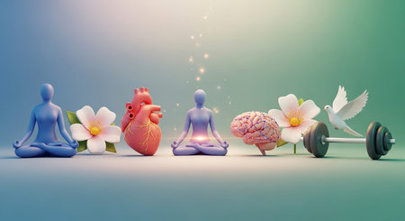 3D illustration of physical and mental health symbols including meditating figures, heart, brain, and dumbbellの素材