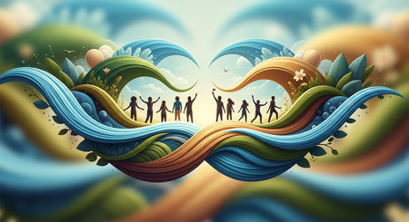 Diversity showing silhouettes of people celebrating on a landscape with flowing elements keywords: people,...の素材