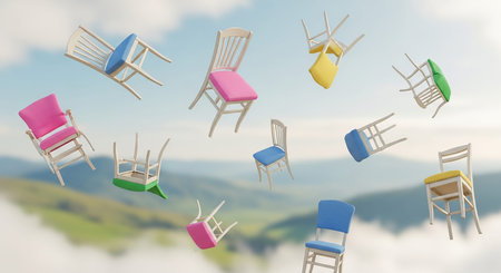 A surreal scene of various wooden chairs with colorful cushions floating in the sky above green hills.の素材