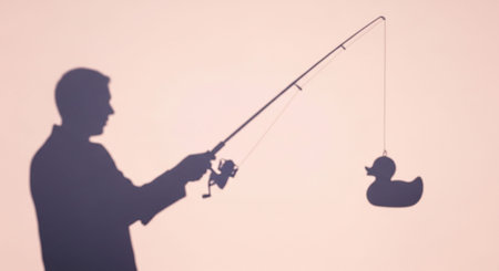 Silhouette of a man fishing with a rubber duck as bait against a soft pink background.の素材