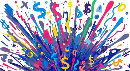 A vibrant explosion of abstract shapes and currency symbols bursts outwards on a white background.の素材