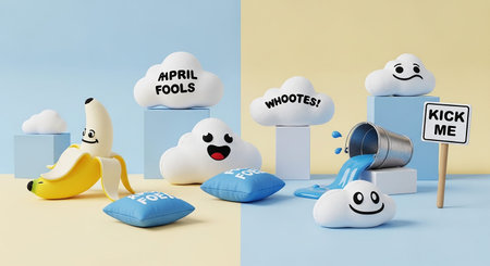 Smiling cartoon clouds, a banana, and prank items like a bucket of blue liquid and a kick me sign.の素材
