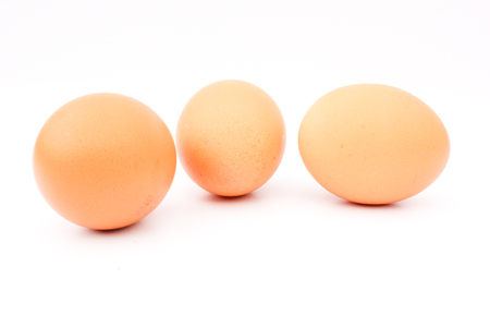close up, fresh brown colored chicken egg is a naturally occurring ovoid on white backgroundの写真素材
