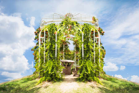 floral arch and landscape view in garden of 7 heaven krabi thailandのeditorial素材