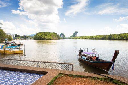 landscape cloud, blue sky, mountain and sea harbour at krabi thailandのeditorial素材