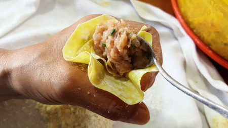 close-up cooking homemade shumaiの写真素材