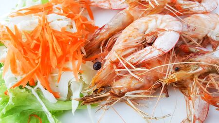 close-up shrimp, seafood on dish, thailandの写真素材