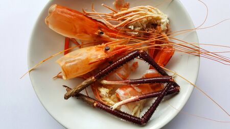 dirty plate river shrimp food isolated on background