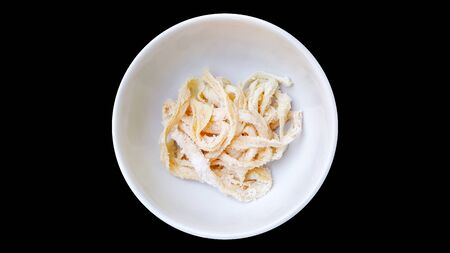 frozen pork salted intestine on white bowl isolated backgroundの写真素材