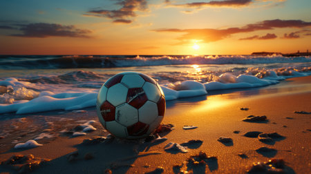 beach and football playing with sunsetの素材