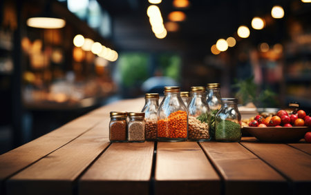Empty wooden table and bokeh lights blurred outdoor cafe background. High quality photoの素材