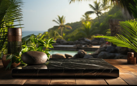 Empty black marble podium on table over blurred tropical beach backgroundの素材