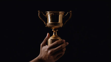 Hand holding up a gold trophy cup against dark backgroundの素材