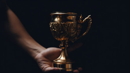 Hand holding up a gold trophy cup against dark backgroundの素材