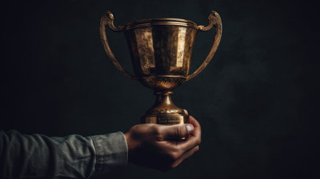 Hand holding up a gold trophy cup against dark backgroundの素材