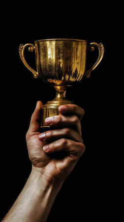 Hand holding up a gold trophy cup against dark backgroundの素材