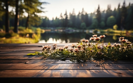 empty wooden floor with blurred lake backgroundの素材