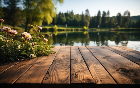 empty wooden floor with blurred lake backgroundの素材