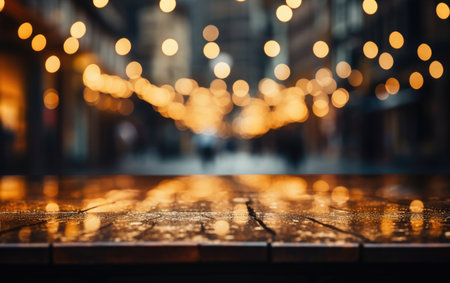 Wooden floor empty with bokeh lights on stage in a theater background. High quality photoの素材