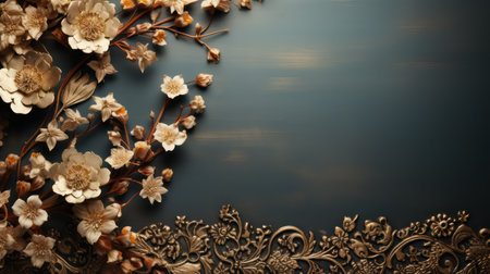 a black background with gold and blue flowers and leaves and a ladybug sitting on top of one of the flowers and a ladybug sitting on the other side of the flowers. Islamic Background and wallpaperの素材