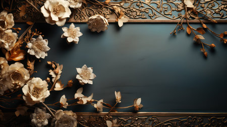 a black background with gold and blue flowers and leaves and a ladybug sitting on top of one of the flowers and a ladybug sitting on the other side of the flowers. Islamic Background and wallpaperの素材