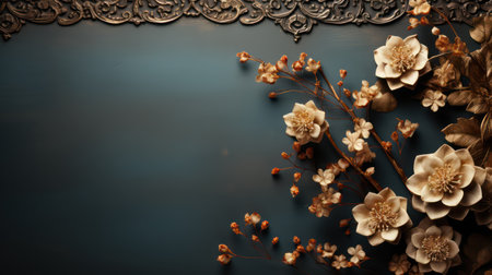 a black background with gold and blue flowers and leaves and a ladybug sitting on top of one of the flowers and a ladybug sitting on the other side of the flowers. Islamic Background and wallpaperの素材