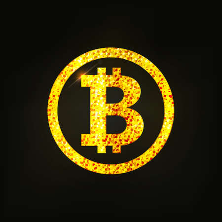 Gold emblem of bitcoin. A brilliant coin. The glittering logo of the crypto currency. Vector...