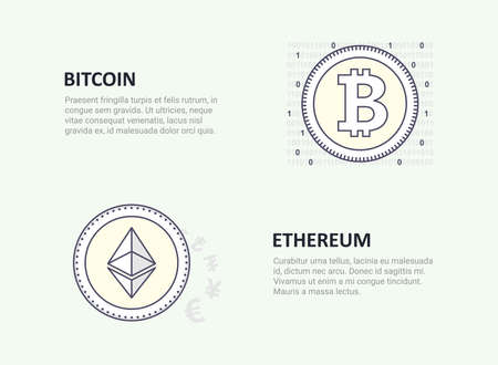 A set of logos of popular crypto currency. Bitcoin and ethereum. Flat stroke design. Vector illustration.のイラスト素材