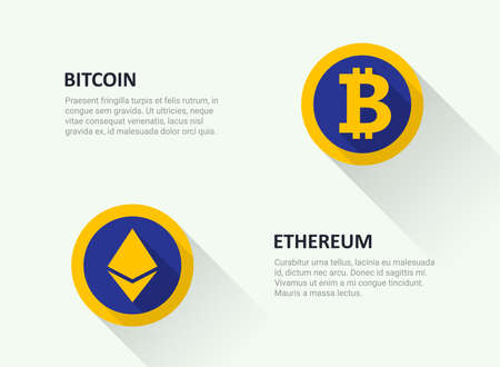 A set of logos of popular crypto currency. Bitcoin and ethereum. Flat material design. Vector...