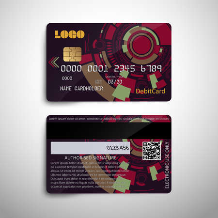 Realistic detailed credit debit card with abstract geometric design isolated on white background. for use in financial and banking design. Front and back of the card. Vector illustration EPS10のイラスト素材