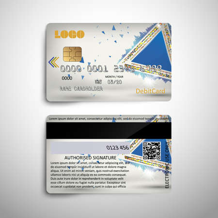 Realistic detailed credit debit card with abstract geometric design isolated on white background. for use in financial and banking design. Front and back of the card. Vector illustrationのイラスト素材