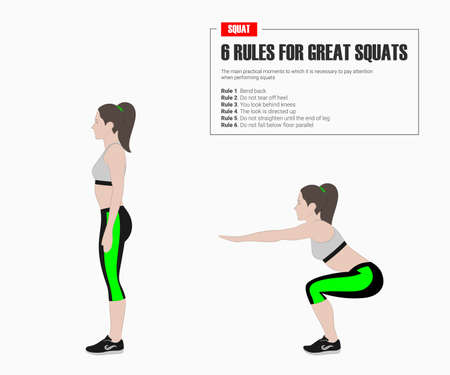 Squat. Sport exercises. Stage and reles of squar. Exercises with free weight. Illustration of an active lifestyle. Vector sketch.のイラスト素材