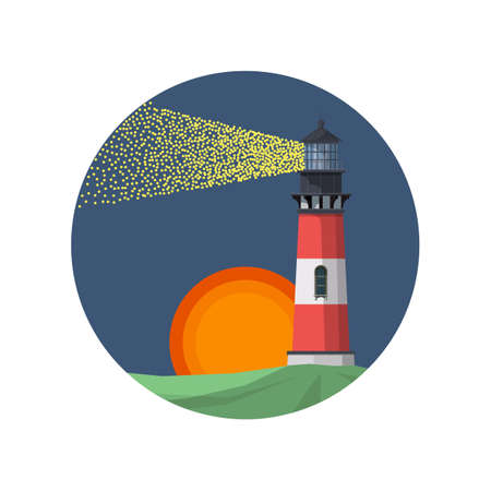 Red lighthouse in night time. Spotlight light. Vector illustrationのイラスト素材