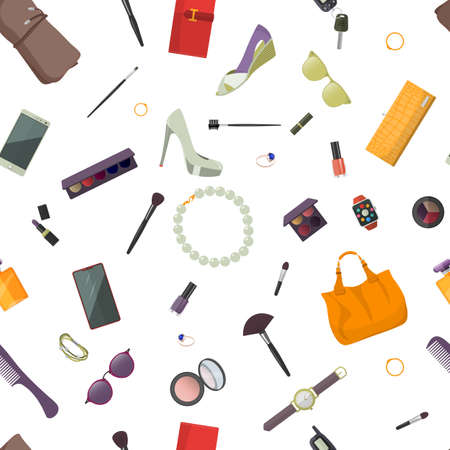 Seamless pattern of women's items and accessories. Flat design. Vector illustration.のイラスト素材