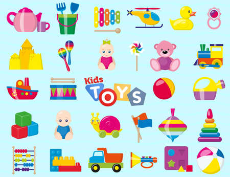 Kids toys, a set of children's toys for the youngest. Vector illustration.のイラスト素材