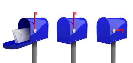 A set of mailboxes with a closed door, a raised flag, with an open door and letters inside. 3d illustration of blue mailbox with envelope, isolated on white background.のイラスト素材