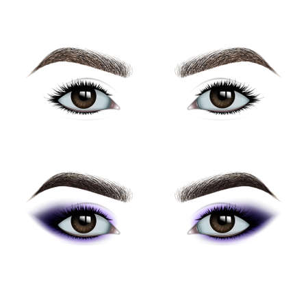 Female eyes before and after makeup. A set of eye shadow. Realistic vector illustrationのイラスト素材