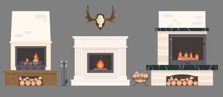 Several ovens and accessories, stone and brick classical and modern fireplaces. Fire and firewood with reindeer antlers on the wall.のイラスト素材