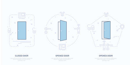 Open and closed doors. Conceptual vector illustration Line designのイラスト素材