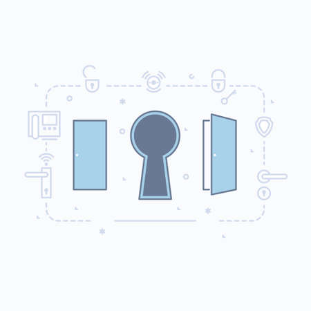 Open and closed door and keyhole. Conceptual vector illustration. Line design.のイラスト素材