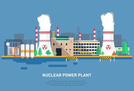 Nuclear power plant in a flat style. Cooler, power unit, office building and other elements of the power plant. Vector illustrationのイラスト素材