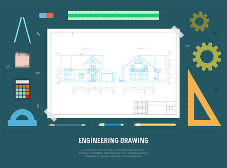 House drawing and drawing tools. The concept of design. Flat vector illustration.のイラスト素材