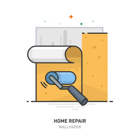 Home repair logo. The process of gluing the wallpaper. Linear design. Vector illustrationのイラスト素材