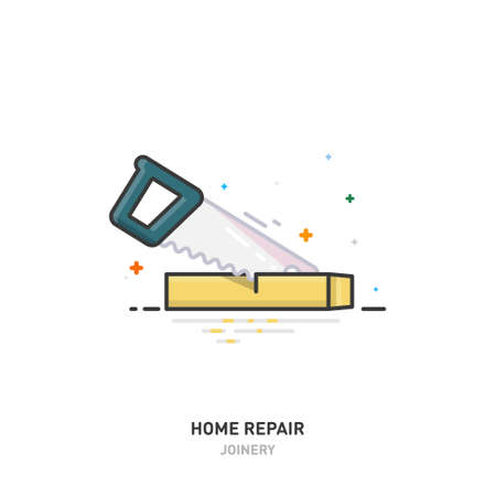 Home repair logo. Wooden beam and saw. Joinery. Line design. Vector illustrationのイラスト素材